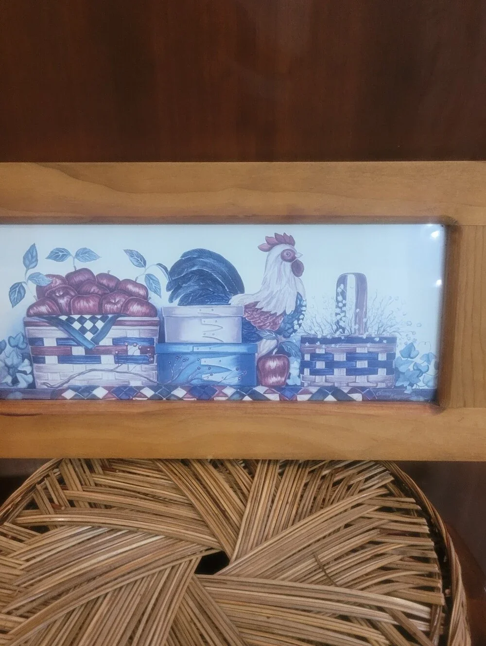 Laurie Korsgaden Country Rooster  VINTAGE Framed Print Art 12”x4.5” Wooden Frame